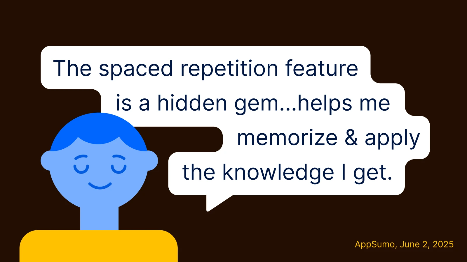 Headway app A blue character with a speech bubble sharing a review