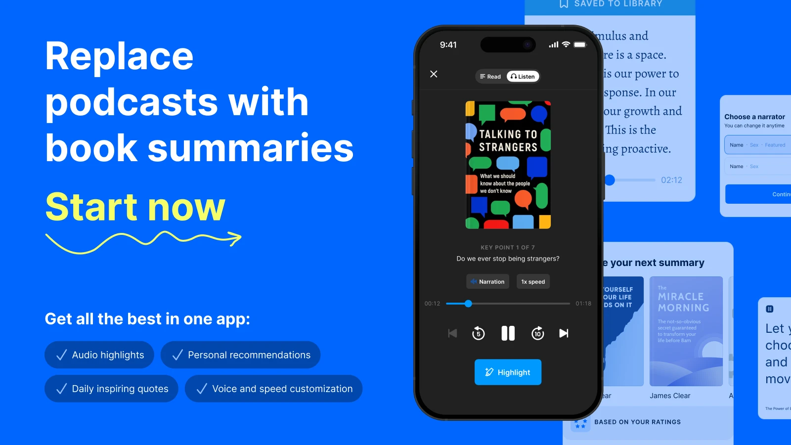 S mockup of an iphone with audio book summary of talking to strangers as an alternatibe to mindfulness podcasts