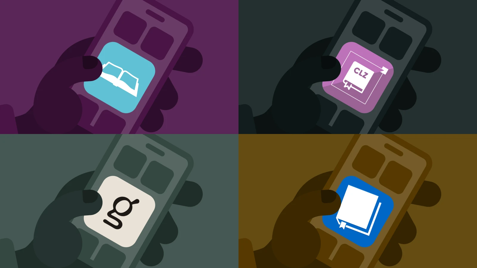 Four-panel grid showing illustrated hands holding smartphones with book catalog app icons — Bookshelf, CLZ Books, Goodreads, and Book Catalogue — for a well-read apps review