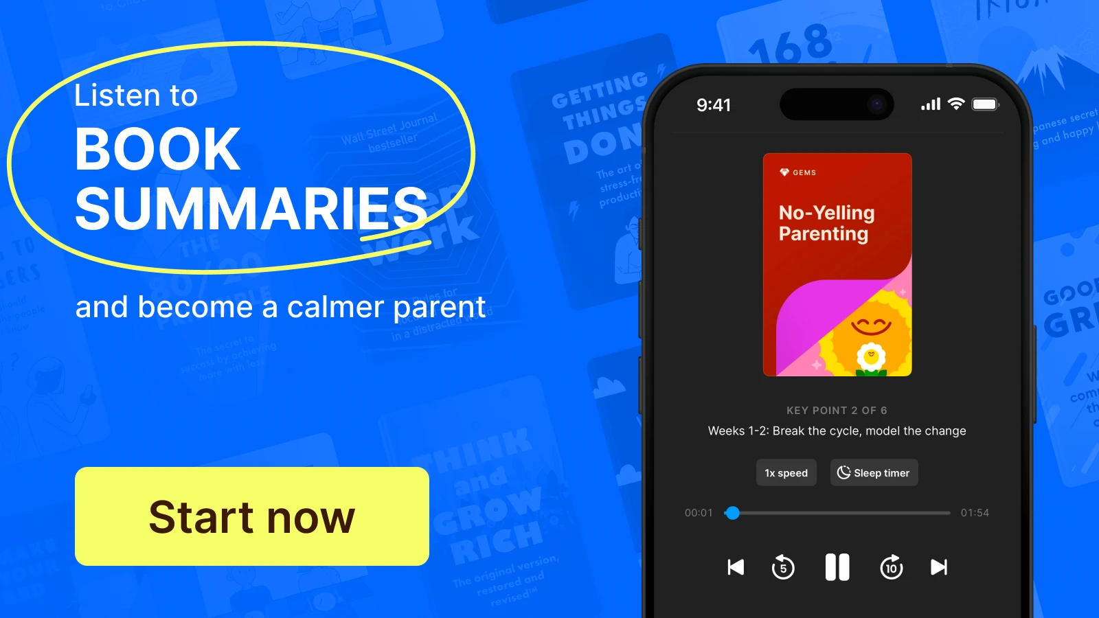 IPhone mockup with a screenshot of no-yelling challanges book summary and book covers at the backgroundts