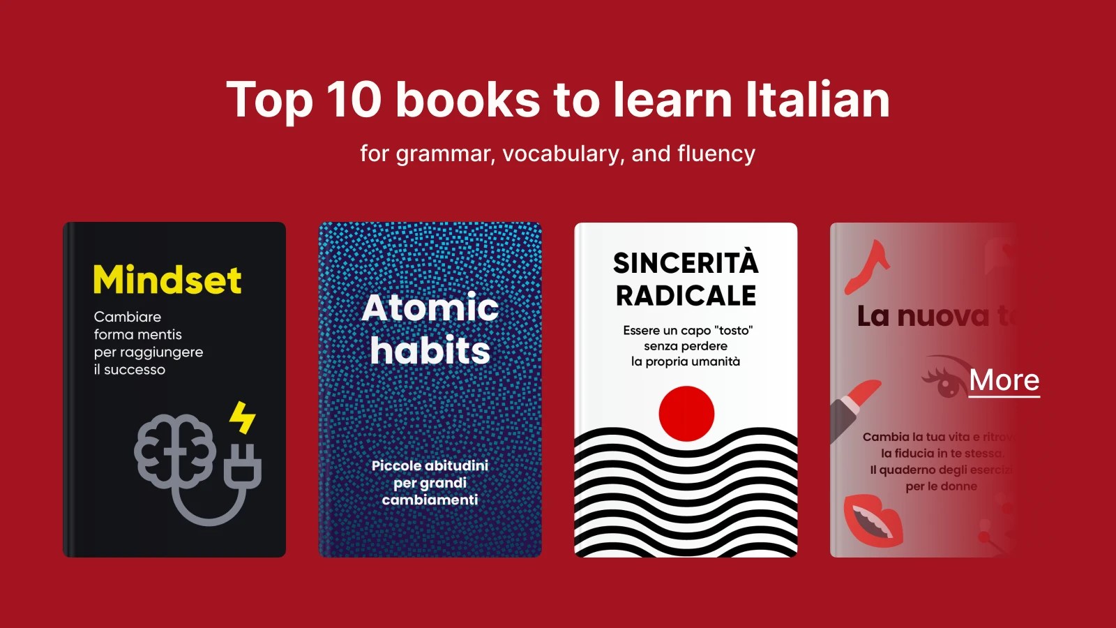 Four book covers including Mindset and Atomic Habits on red background for best books to learn Italian