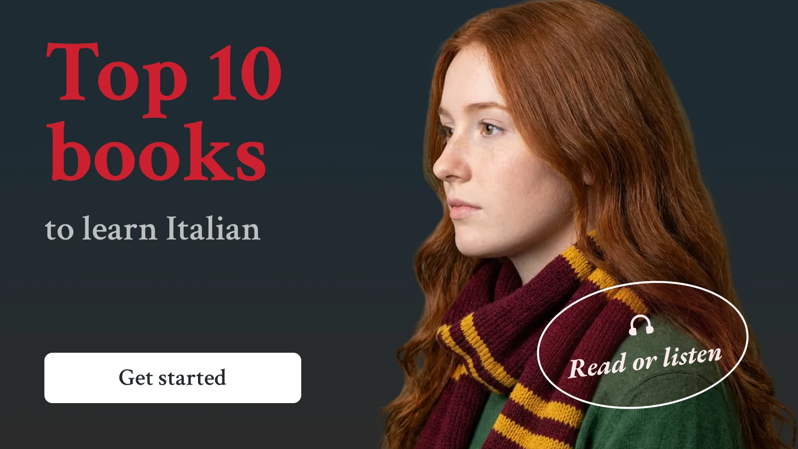 Woman with red hair in burgundy scarf on dark blue background promoting best books to learn Italian
