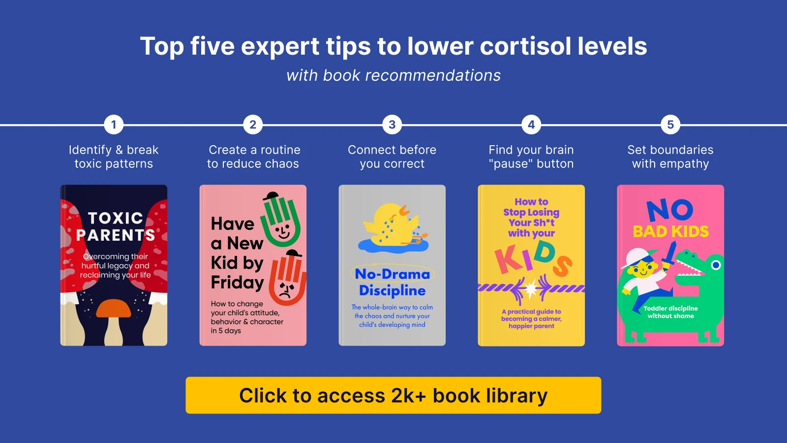 Five parenting book covers including Toxic Parents, Have a New Kid by Friday, No-Drama Discipline showing expert tips to reduce stress hormone levels