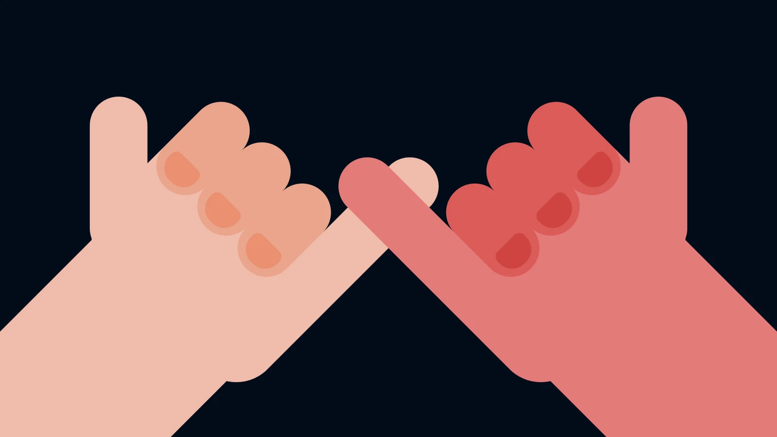 Two hands making pinky promise in peach and coral tones on dark background, Tomorrow and Tomorrow and Tomorrow symbolic gesture
