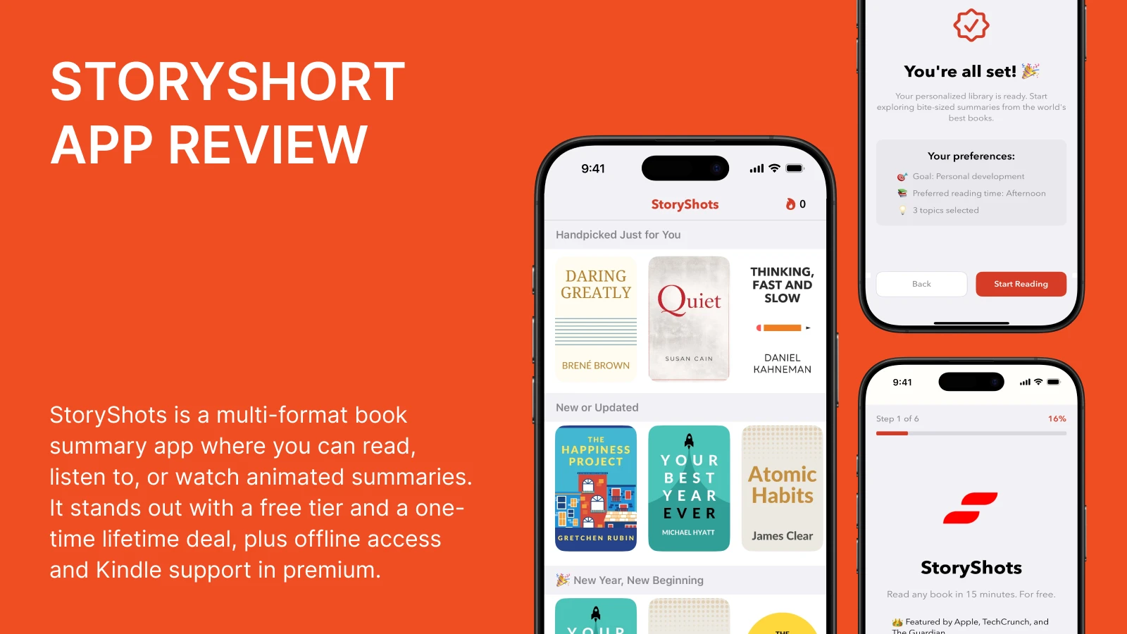 StoryShots app review section on orange background showing smartphone screens with book summaries library, a growth tool for visual learners