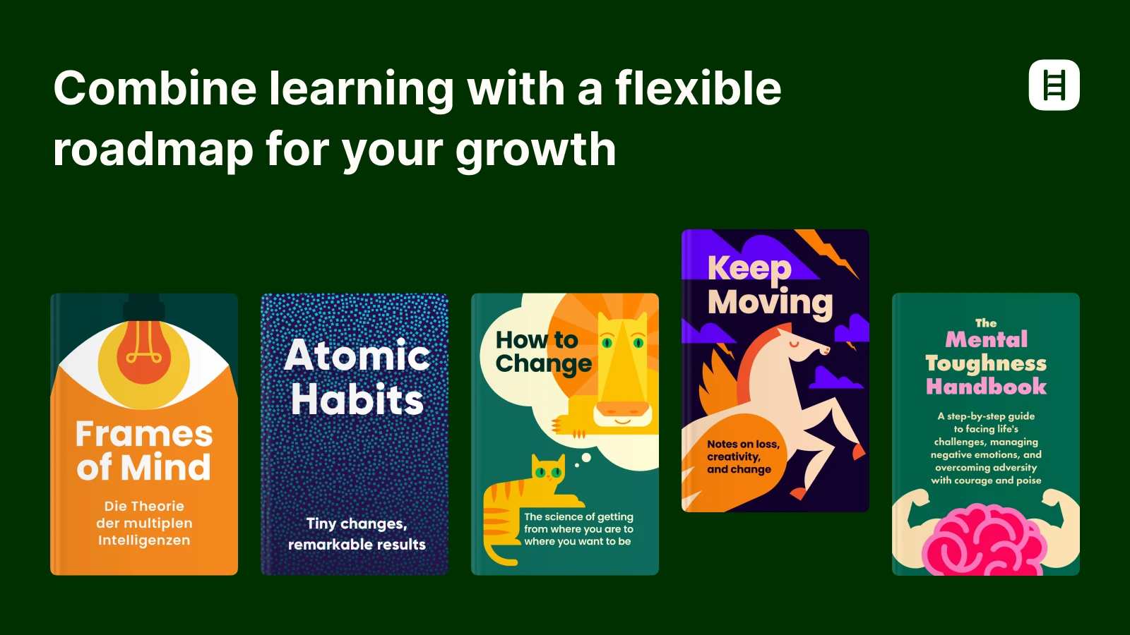 Personal development book collection including Atomic Habits and Mental Toughness Handbook for overcoming burnout on dark green background