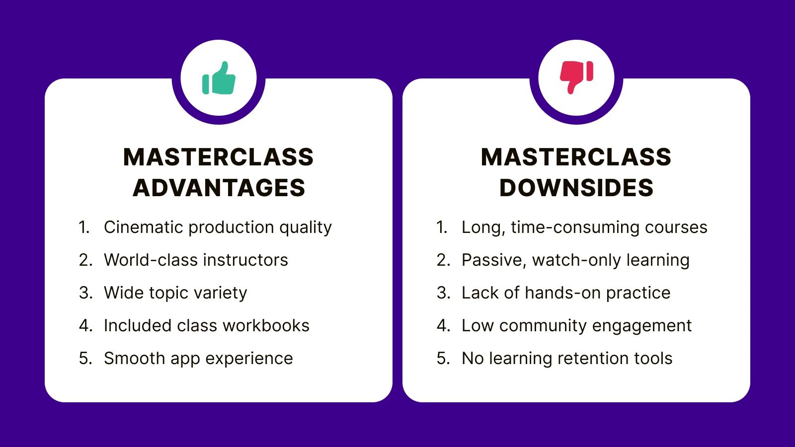 MasterClass pros and cons comparison showing advantages with thumbs up and downsides with thumbs down on purple background