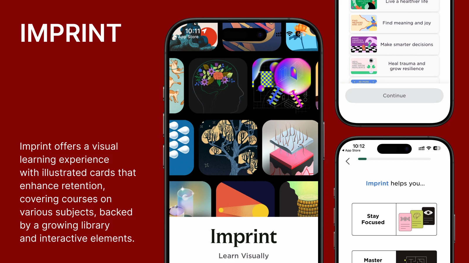 Imprint app interface displaying visual learning cards for non-fiction books on dark background with colorful illustrated educational content