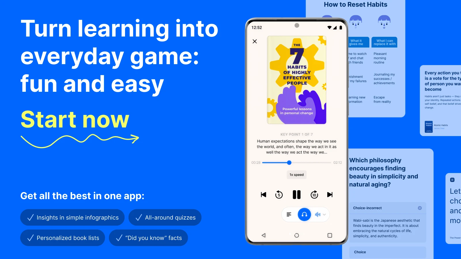 Sumsung mockup with 7 habits of higly effectve people book summaries and Headway screetshots