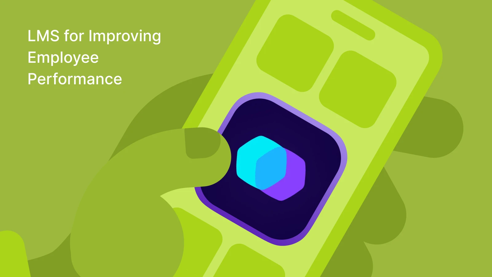 Tilted smartphone showing TalentCards app with teal hexagon icon on lime green gradient for LMS employee performance