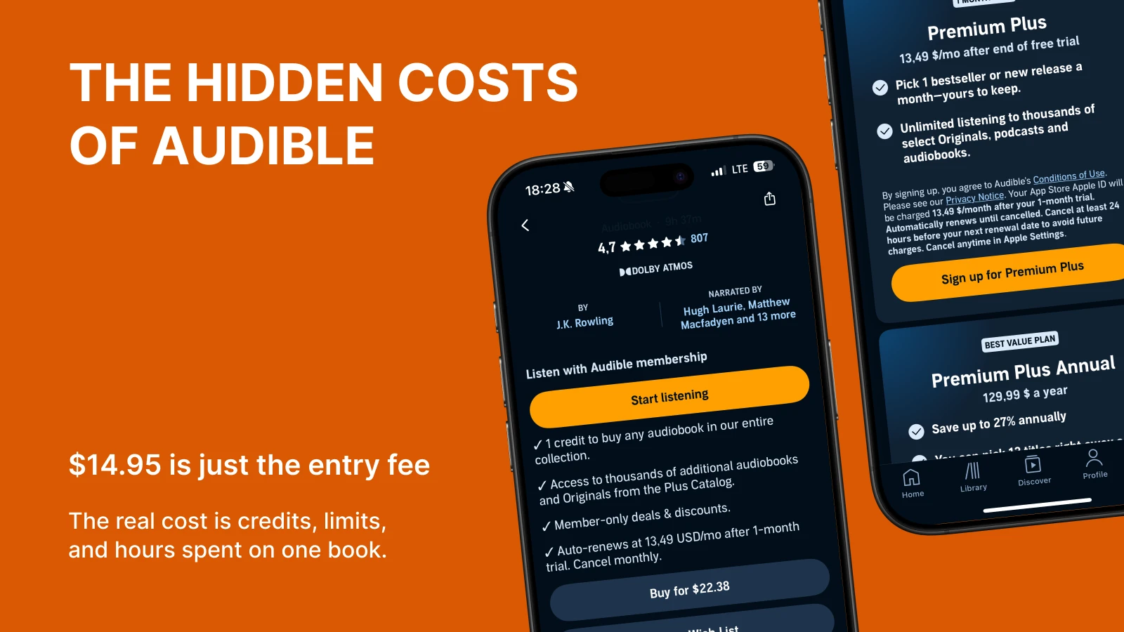 Two phone screens displaying Audible app interface with audiobook details and Premium Plus pricing options on orange background