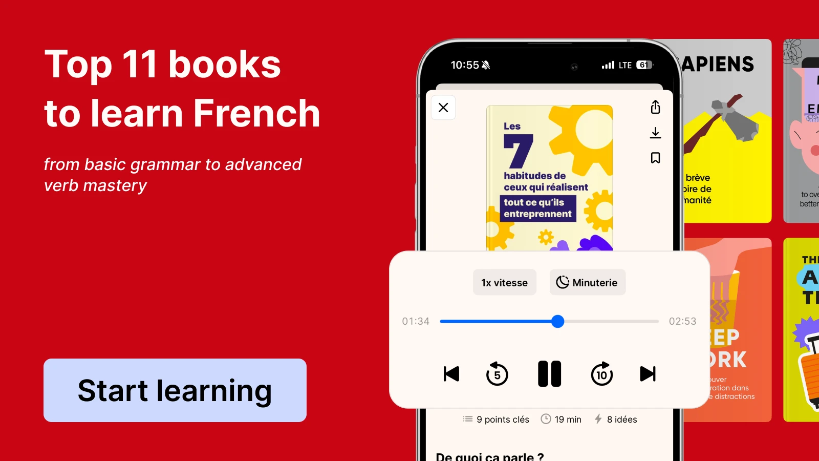Smartphone displaying audiobook player with French grammar books including Sapiens for beginners on red background