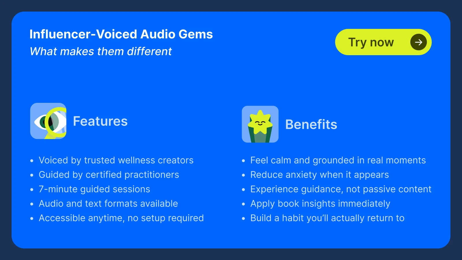 Headway app features and benefits of Influencer-Voiced Audio Gems displayed on bright blue background with icon illustrations