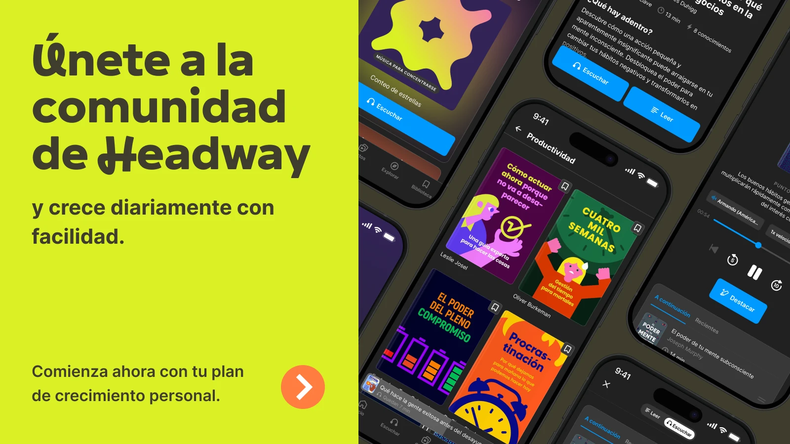 Pantallas de la aplicación Headway en teléfonos inteligentes con temas oscuros que muestran una colección de resúmenes de libros de liderazgo que incluyen The Unfair Advantage y Wolfpack, junto con un