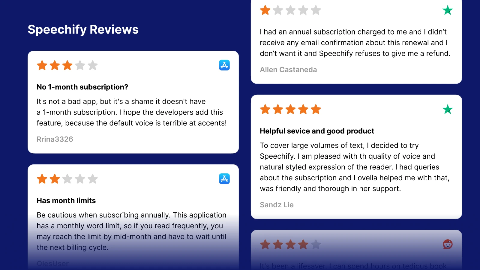 Speechify user reviews with star ratings and written feedback on a dark interface, showing real user experiences in a comprehensive app review for self-growth