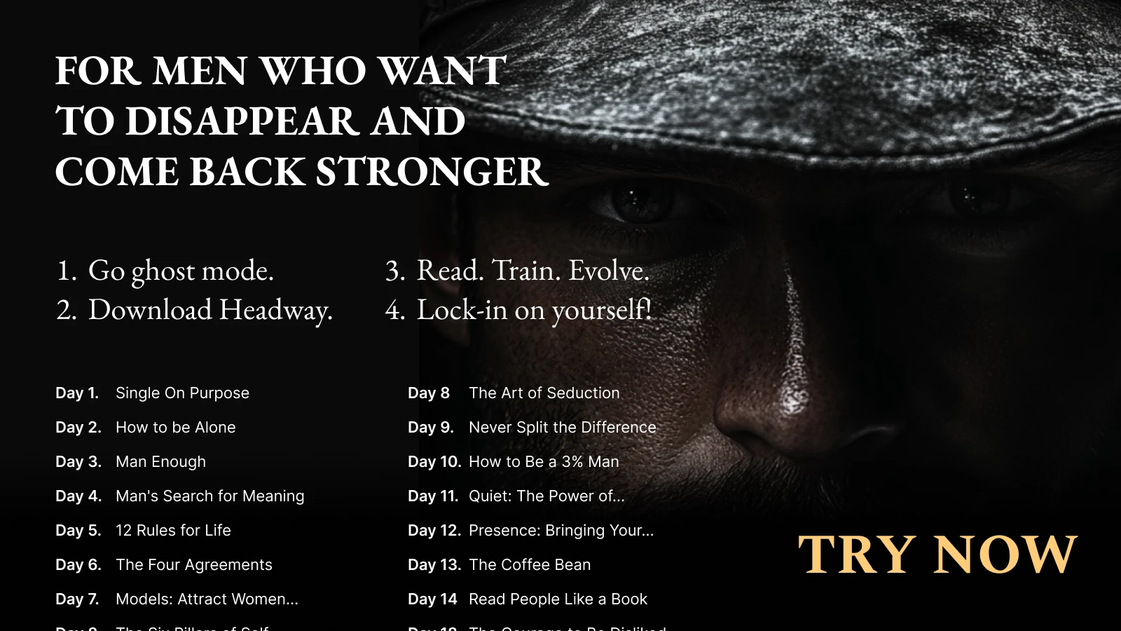 Man in a hat with straight angry gaze emphasizing strength and focus