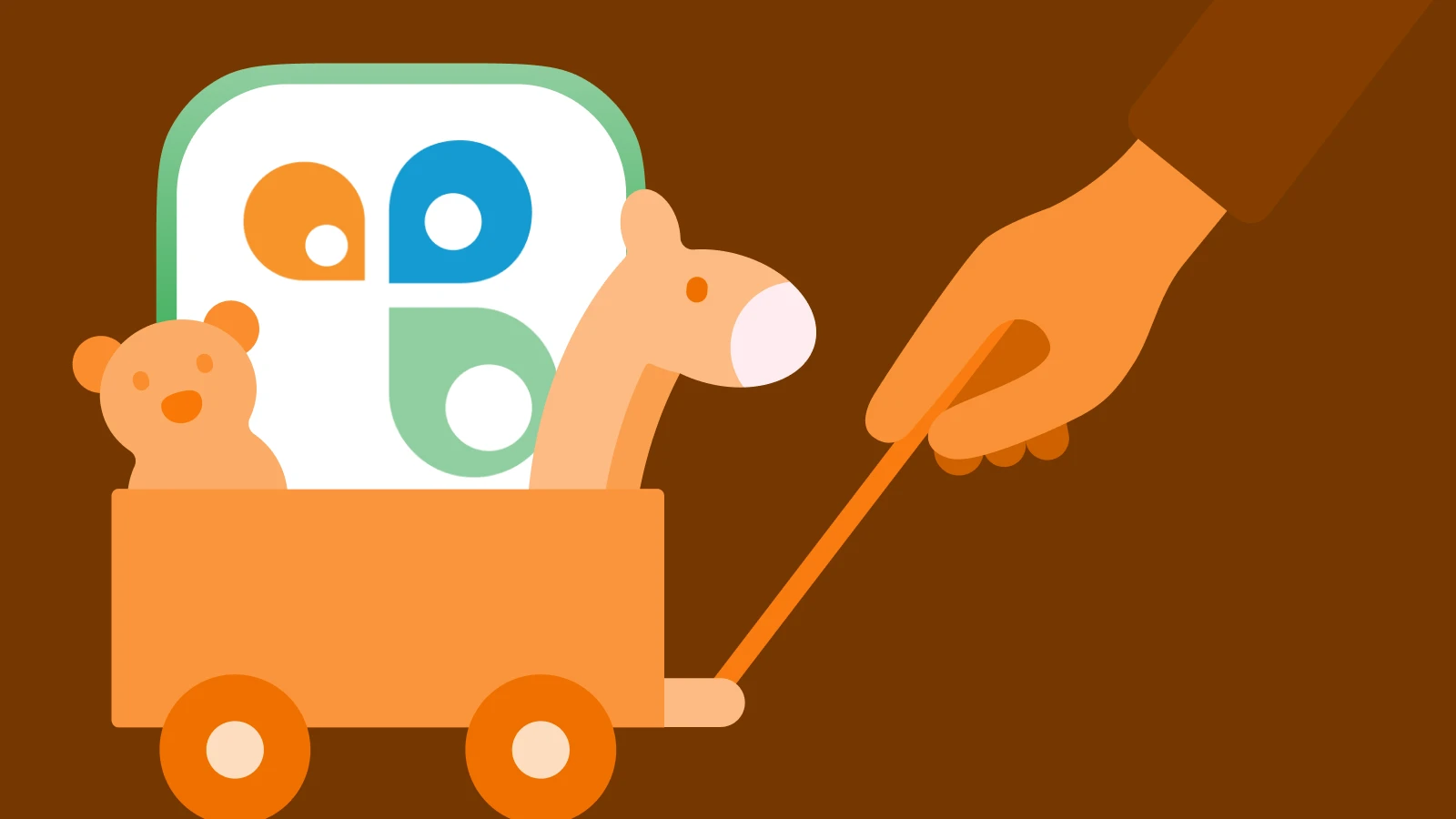A cart filled with toy blocks, bottles, and other baby items, with a hand holding the handle, emphasizing the _Cozi_ parenting app, set against a brown background