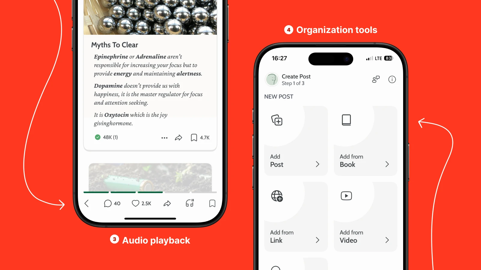 Two phone mockups displaying Deepstash audio playback and content organization tools on vibrant red background with white arrows