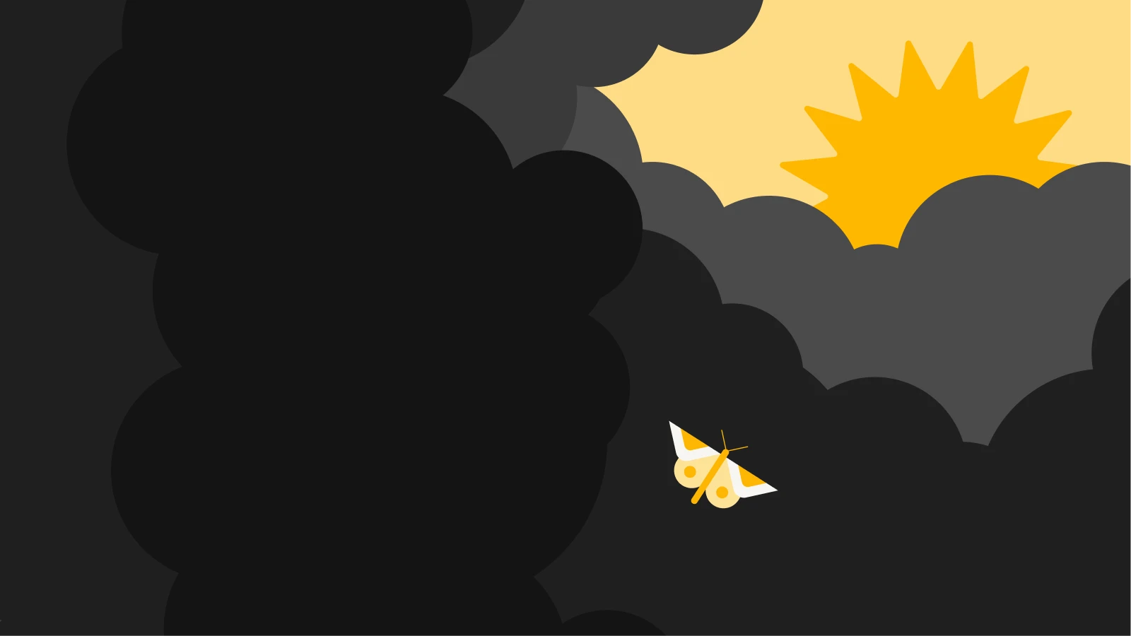 Bright moth flying through dark storm clouds toward the sun, symbolizing hope and resilience to cope with anxiety