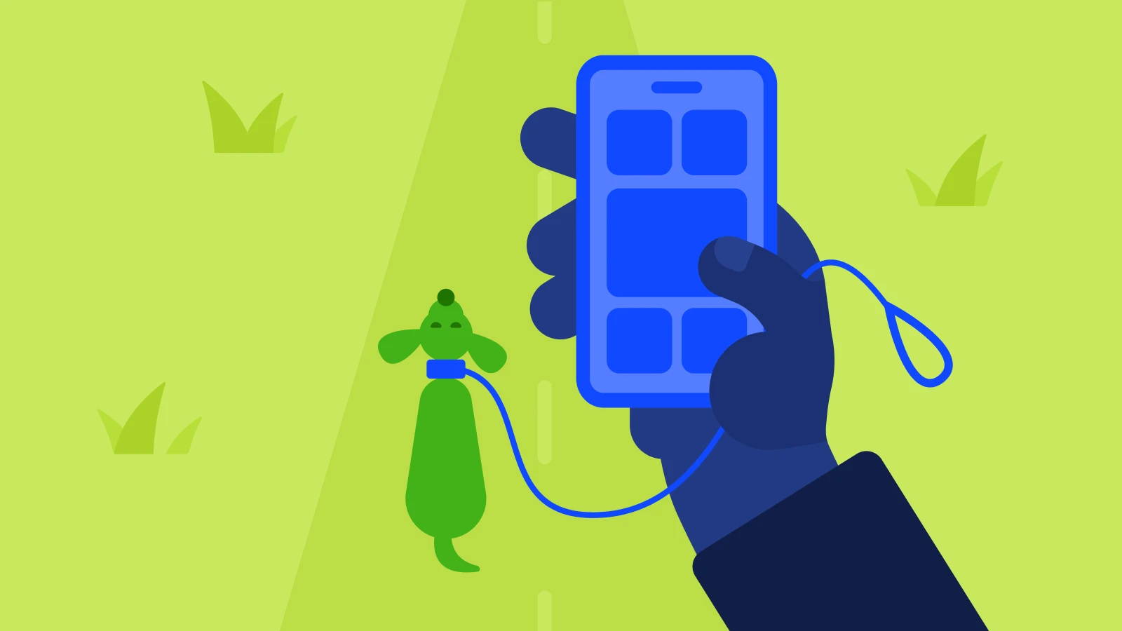 Microlearning vs traditional learning A person walks a dog and holds a smartphone with apps on the hand