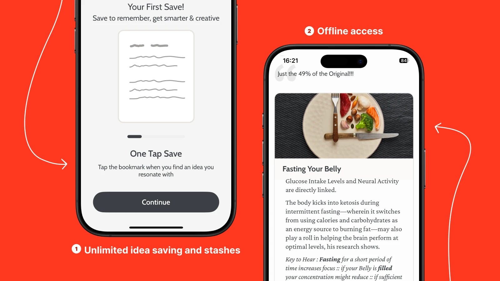 Two phone mockups displaying Deepstash one-tap save and offline reading features on bright red background with white arrows
