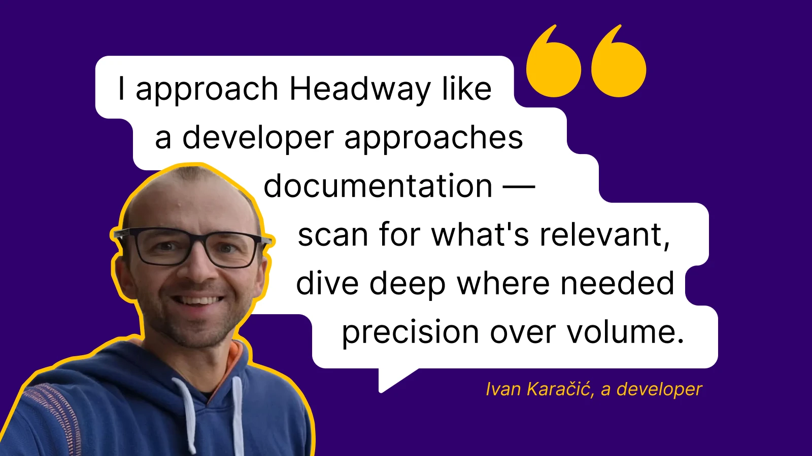 Developer on purple background sharing Headway habit building method for productivity with thumbs up emojis