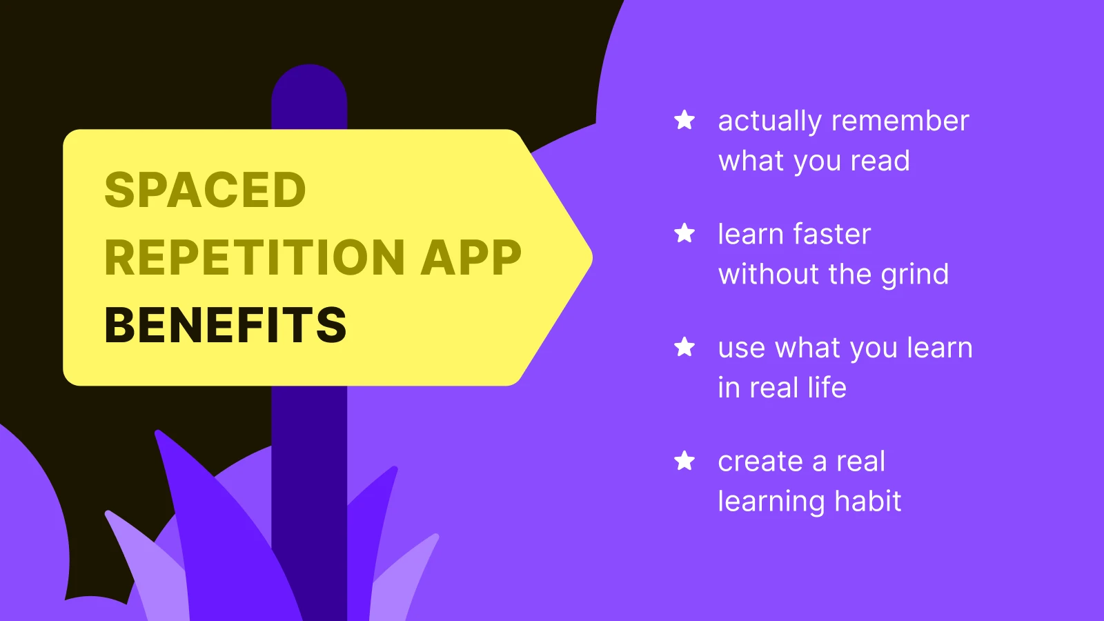 Spaced repetition app benefits highlighted on yellow and purple split design with bullet points for better retention and learning