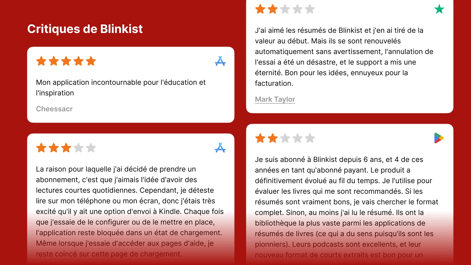 Section d'avis clients de Blinkist affichant les témoignages clients avec des étoiles sur fond rouge