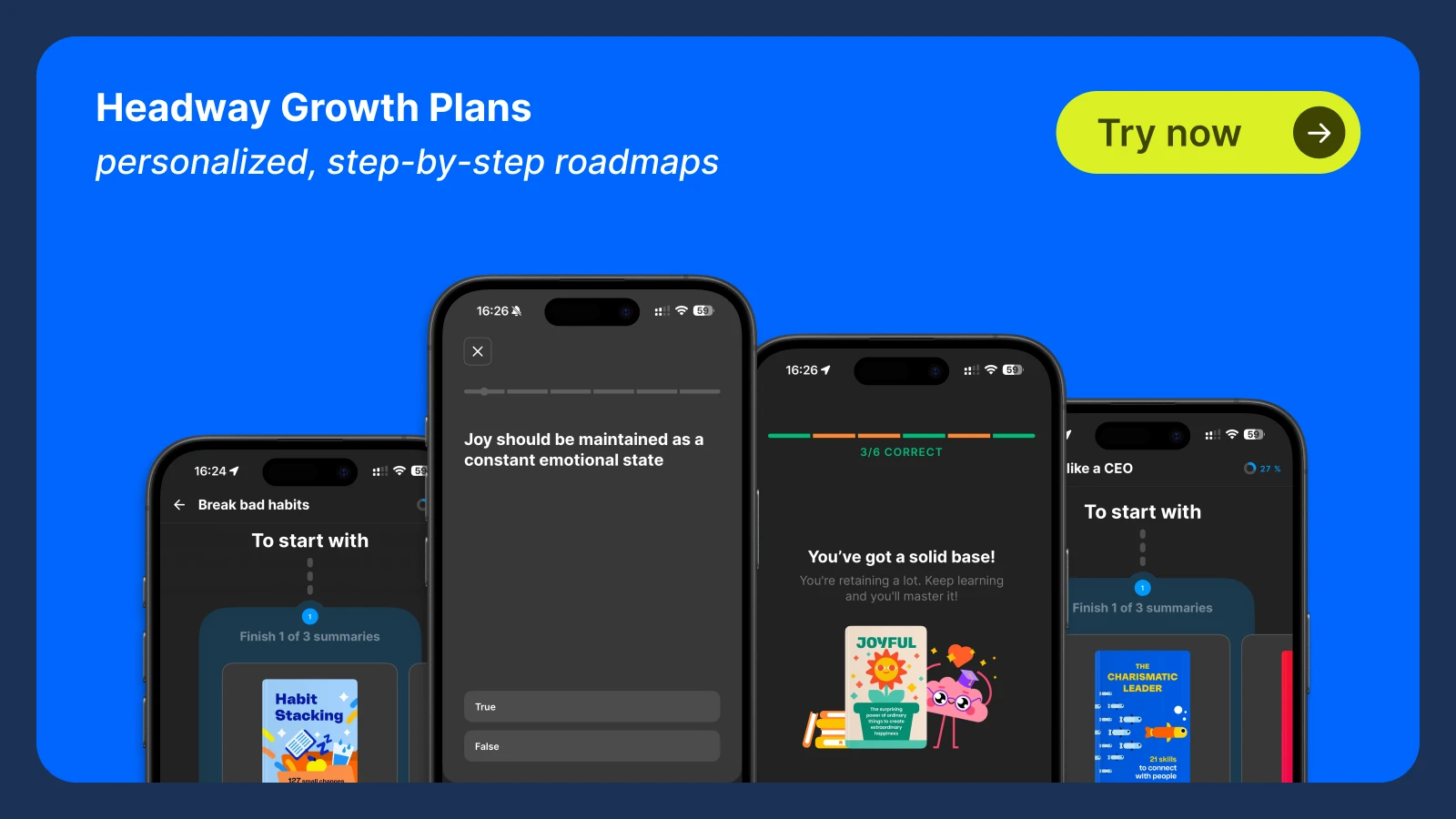 Headway app features personalized Growth Plans with step-by-step roadmaps shown on multiple dark smartphone screens against blue background