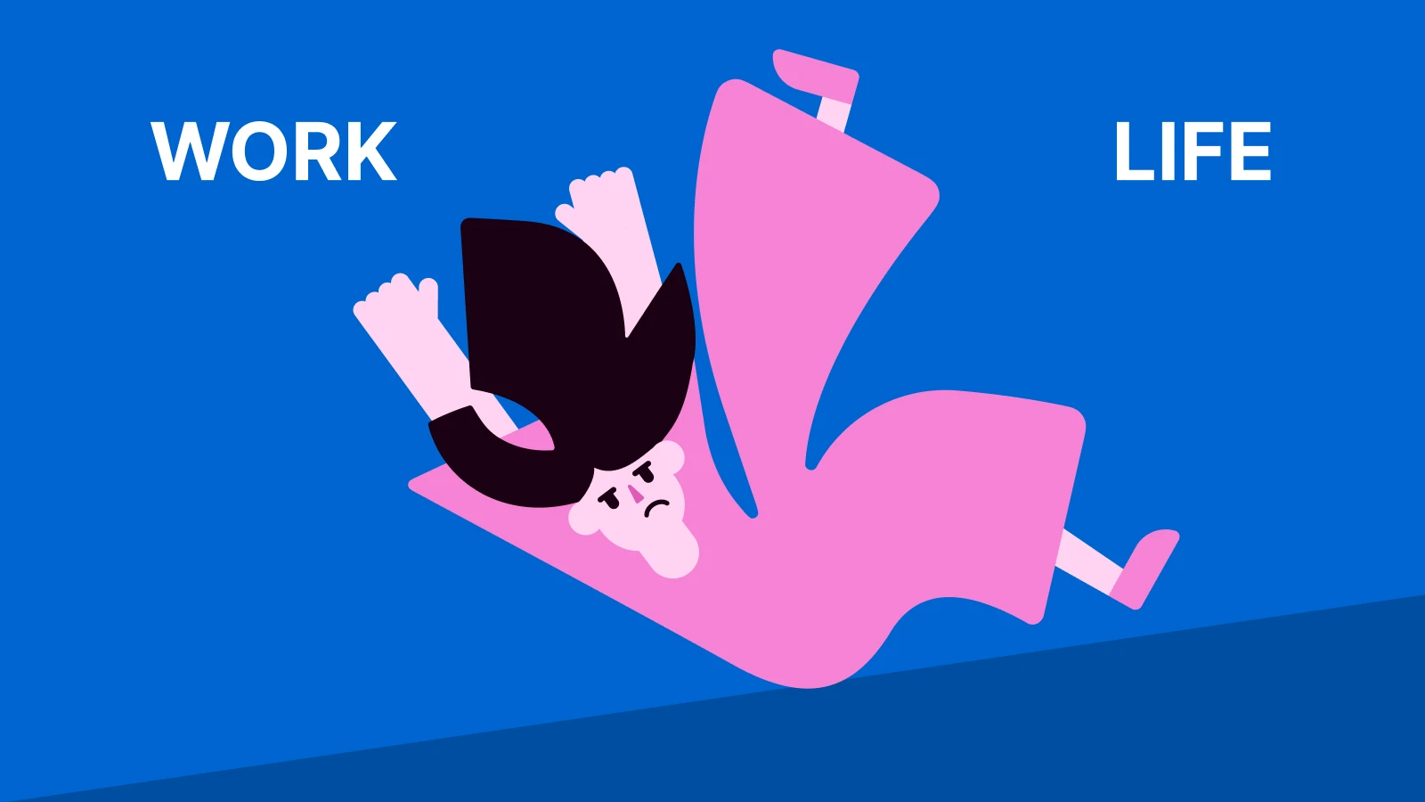Cartoon woman floating horizontally with arms up, positioned between the words work and life - Blokette _