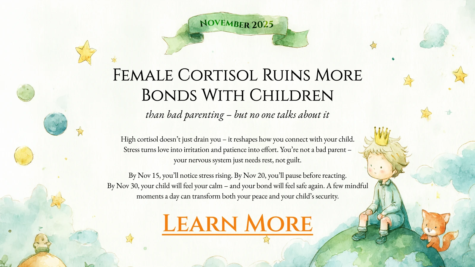 Watercolor illustration with child and fox on whimsical planet background promoting article about high cortisol affecting parent-child well-being