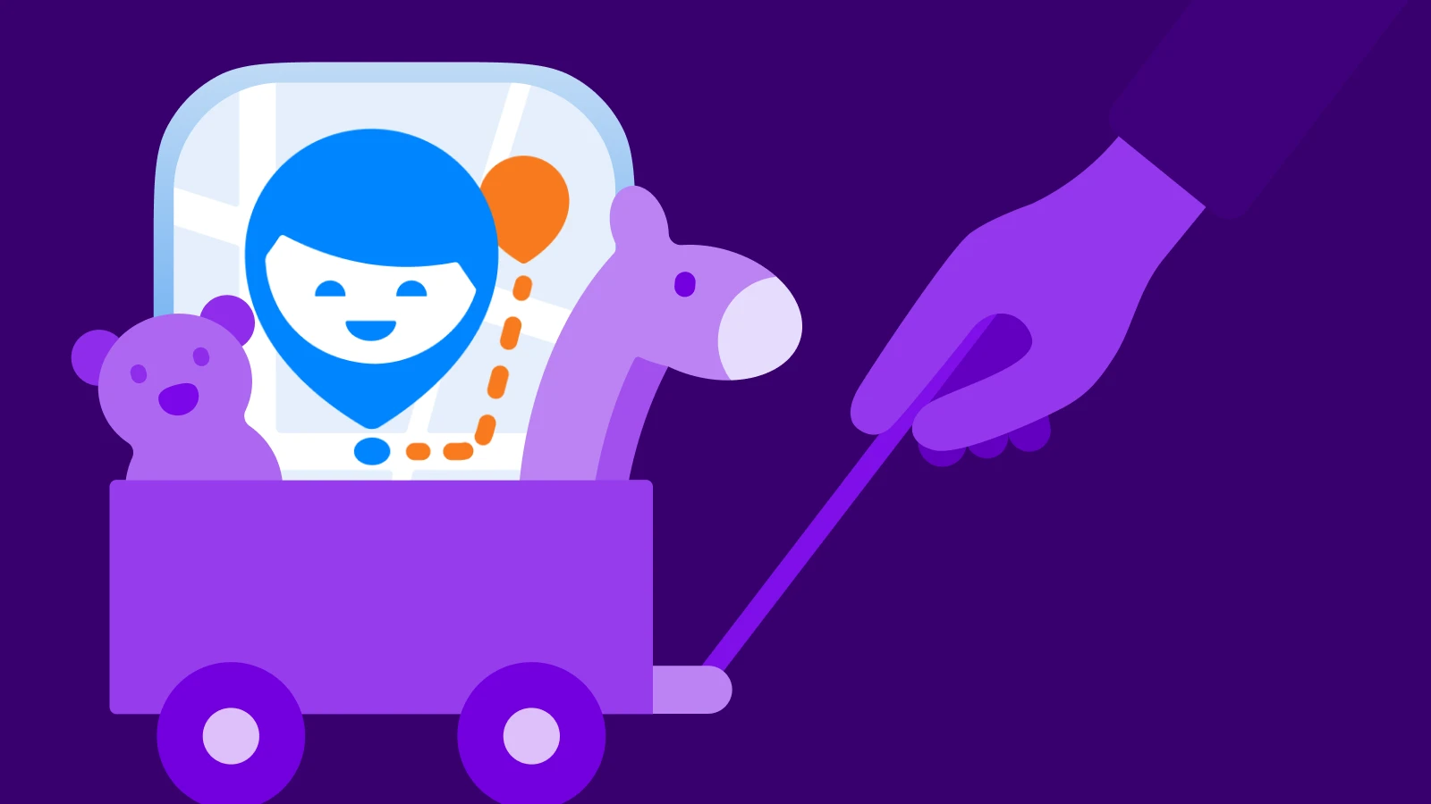 A cartoon-like scene of a parent and child with a smiling bear symbol, showing the find my kids app, set against a purple background