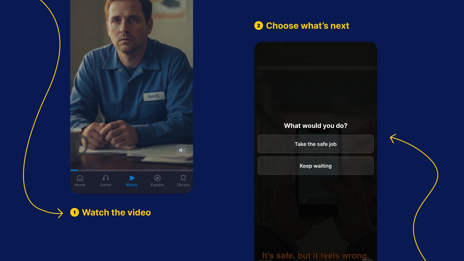 Instaread video lesson interface and decision prompt screen on dark blue background with yellow navigation arrows from the Headway app