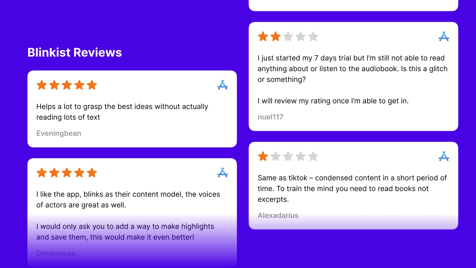 Blinkist user reviews section on purple background featuring five-star ratings and customer testimonials about book summary features