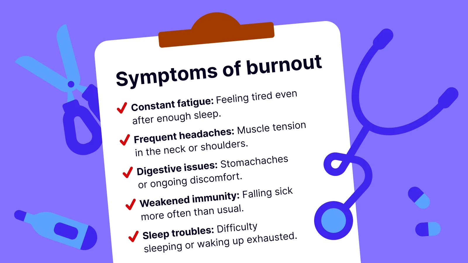 Burnout symptoms checklist card featuring constant fatigue, headaches, and digestive issues on purple background with blue decorative elements
