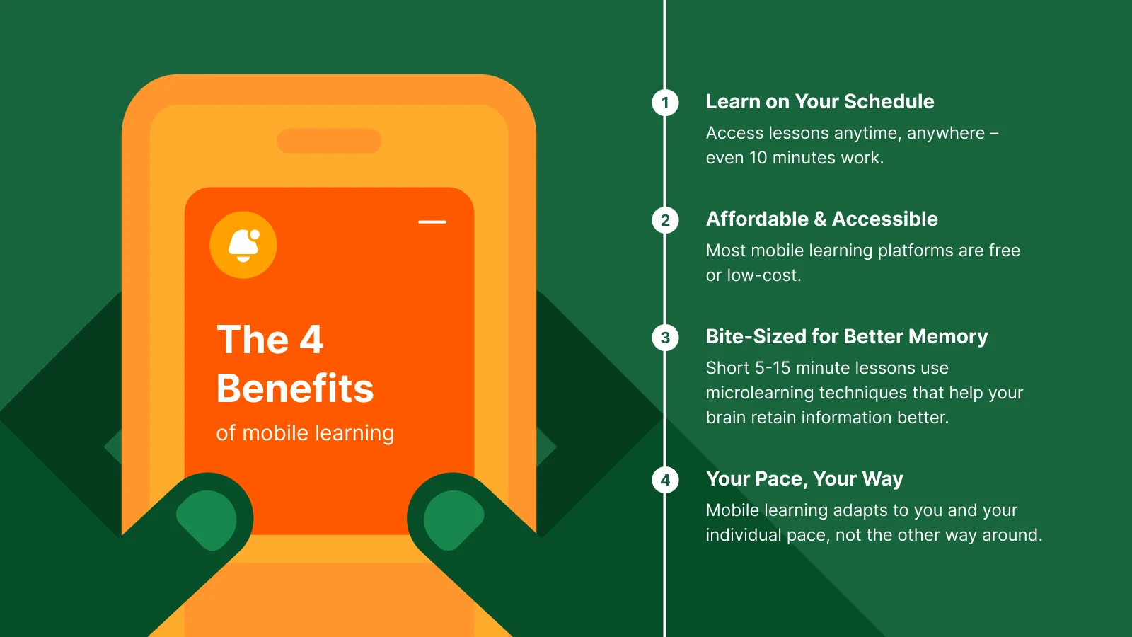 Smartphone in hands displaying 5 Soft Skills with a list of communication, emotional intelligence, adaptability, critical thinking, and time management, showing microlearning for soft skills trainin