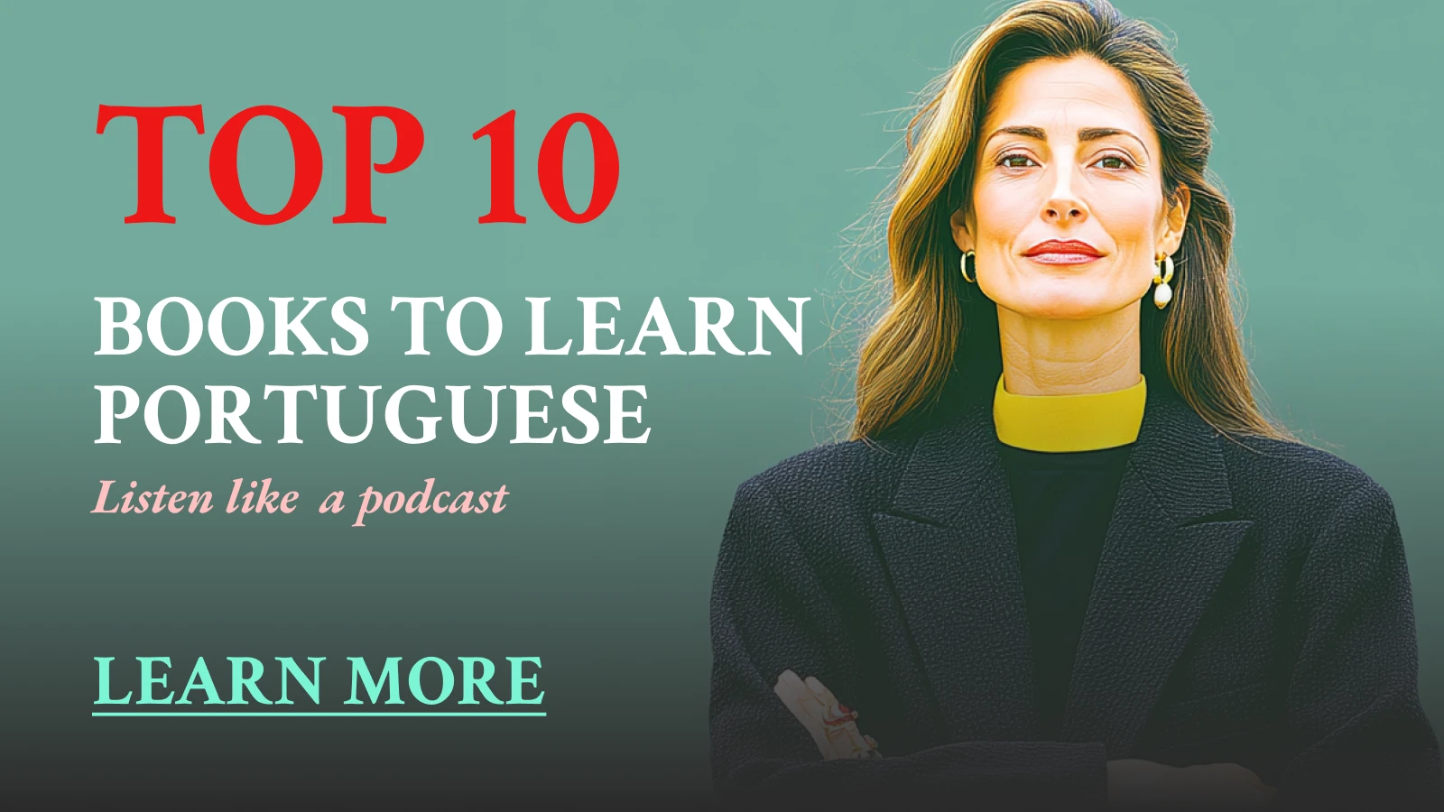 Woman against teal background in promotional design for top 10 books to learn Portuguese like native speakers podcast-style