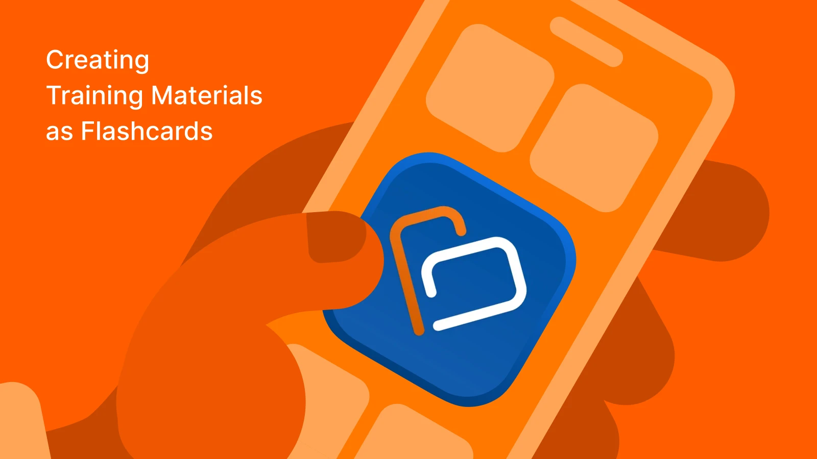 Tilted smartphone featuring TalentCards app with blue folder icon on bright orange gradient for training flashcards