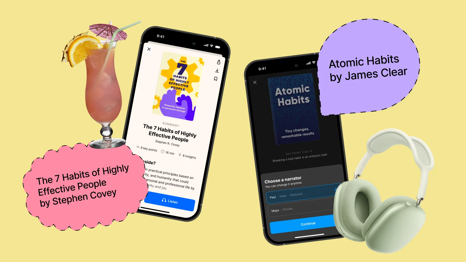 Two phones showing book summaries, next to pink drink, green headphones, and paper-like speech bubbles featuring book titles for Grow Every Day microlearning