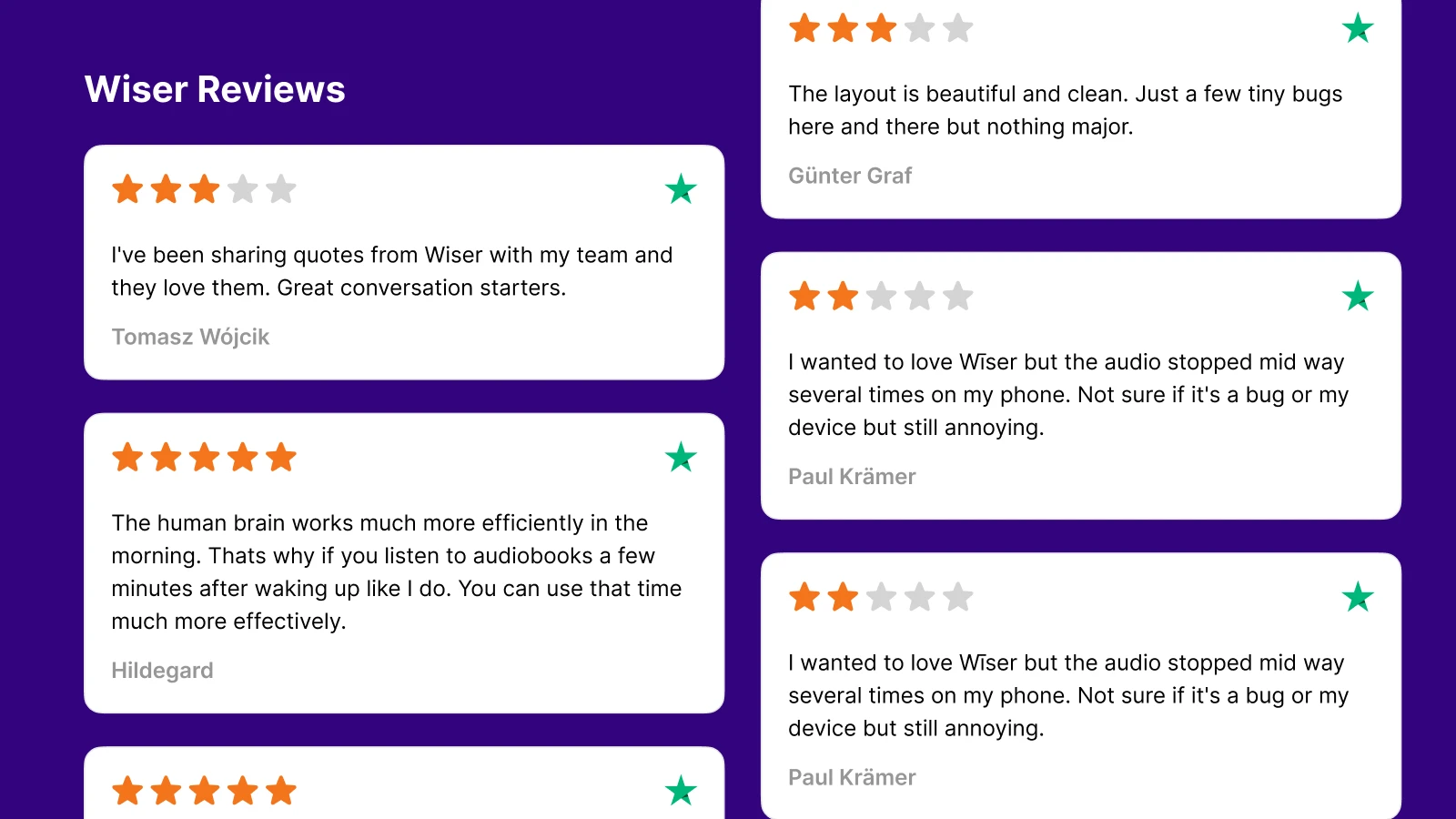 Wiser app review cards with star ratings and user testimonials on deep purple background, featuring feedback about audiobooks and book summaries