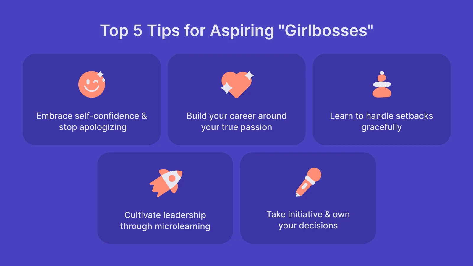 Five illustrated cards showing girlboss tips including confidence, passion, grace, learning and initiative on purple background