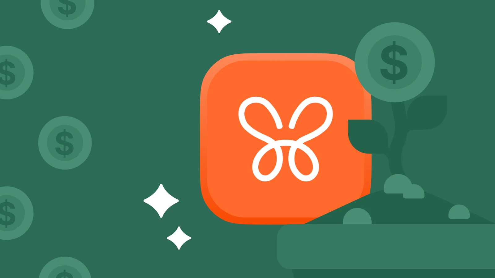 Monarch Money app logo with white butterfly icon on an orange square over a green background with dollar signs, shown as one of the best budgeting apps