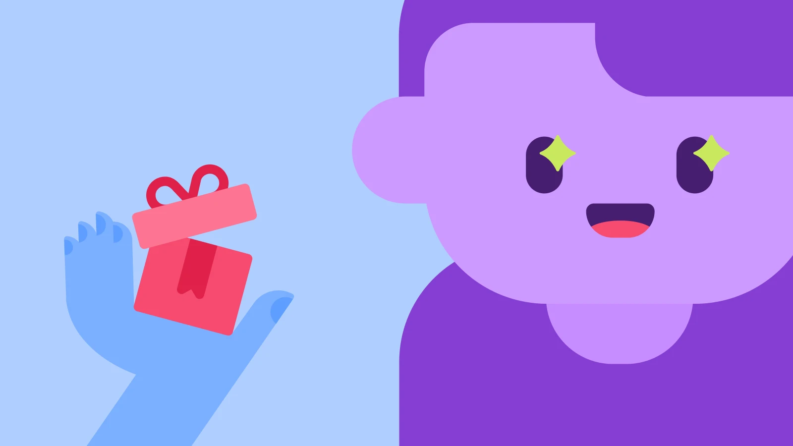 About friendship for adults - Blue hand holding an open red gift box next to a smiling cartoon face with sparkling eyes