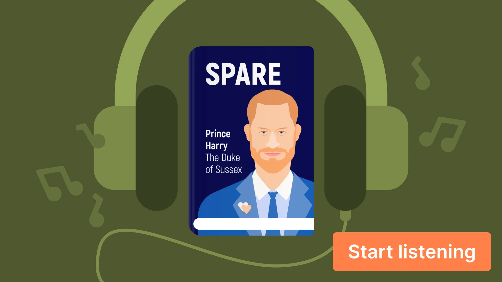 SPARE by Prince Harry audiobook with green headphone illustration on dark green background
