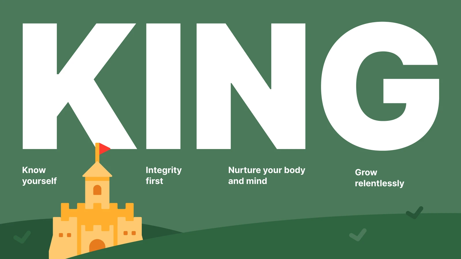 The word "KING" in large letters, with a castle illustration and motivational phrases below, reinforcing self-awareness, integrity, and growth 1x