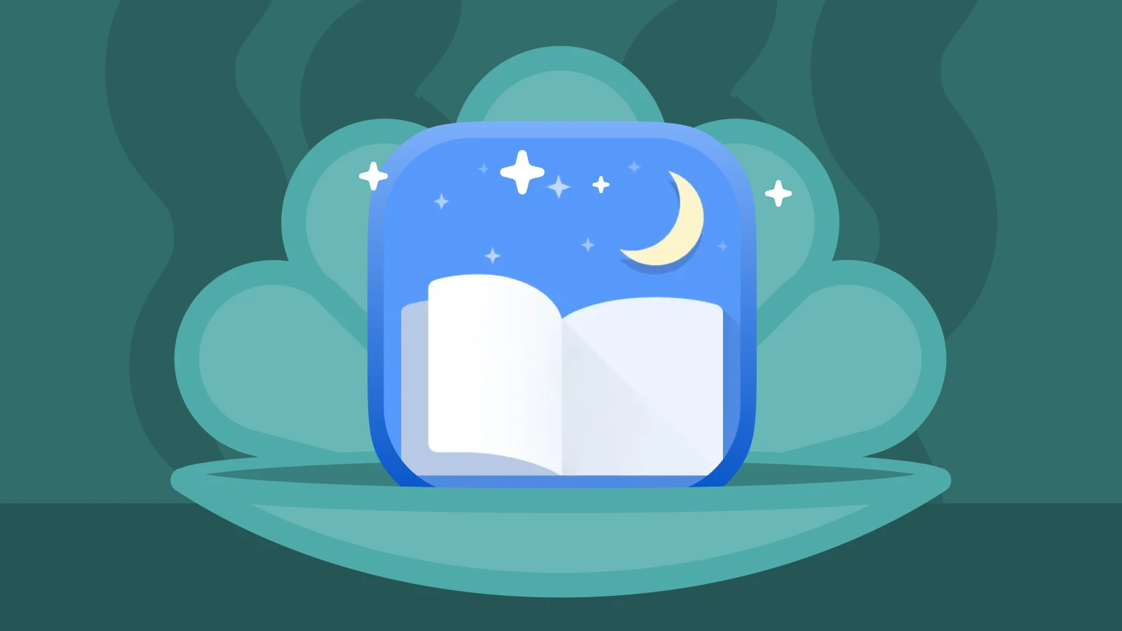 Moon+ Reader app icon with an open book, moon, and stars, representing popular Android reading apps with shellfish at the background