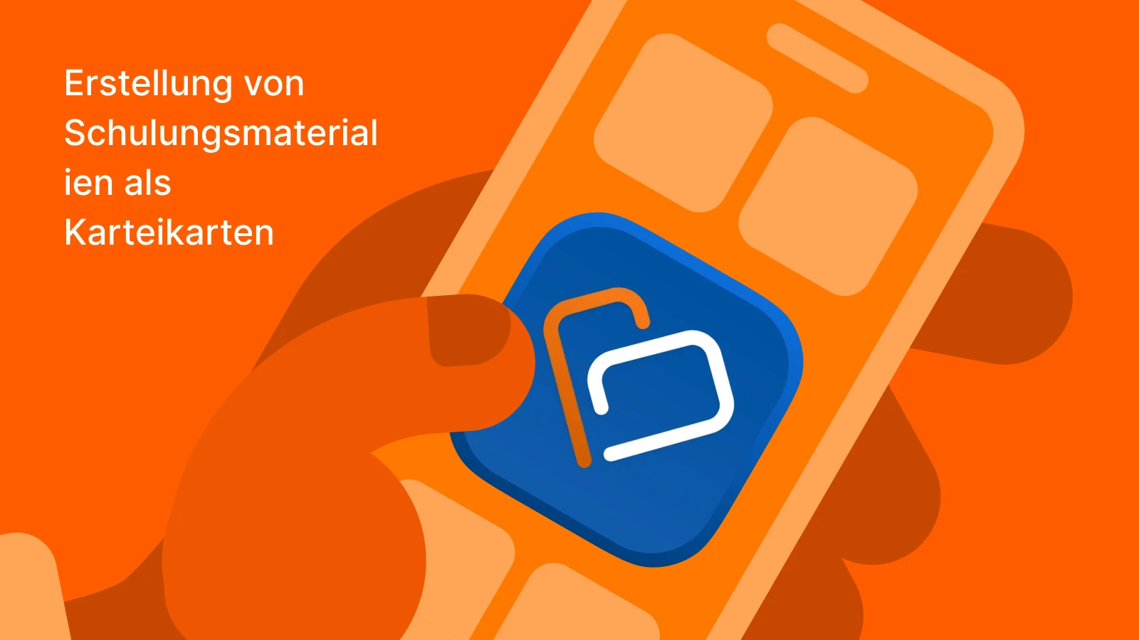 Schräges Smartphone mit der TalentCards-App, die ein blaues Ordnersymbol auf leuchtend orangefarbenem Farbverlauf für Lernkarten zeigt