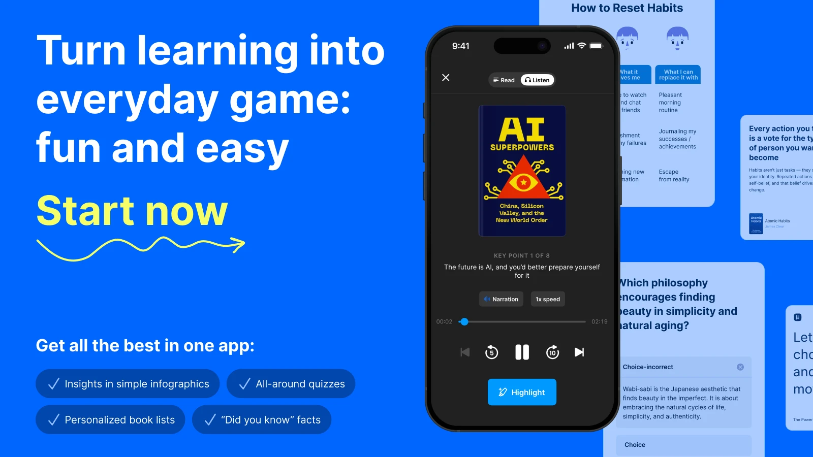 Smartphone showing AI Superpowers audiobook with a blue background of notes and highlights, promoting self-growth as a complement to workout apps