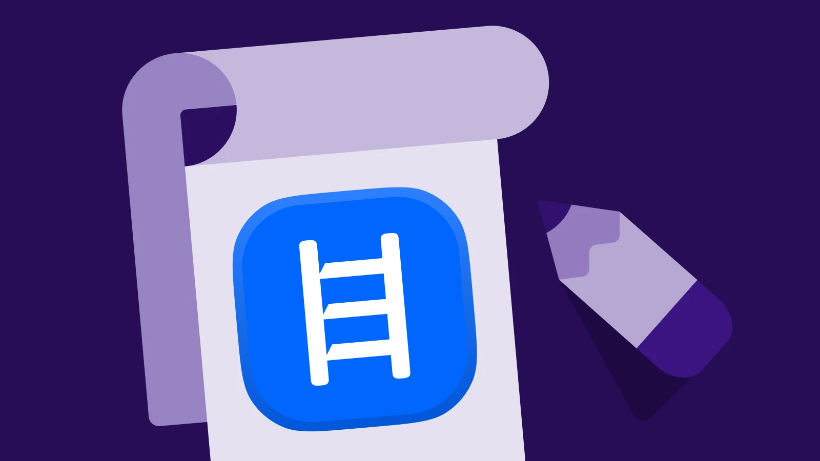 Illustrated notepad with the headway app icon and a pencil on a dark purple background, symbolizing task management tools