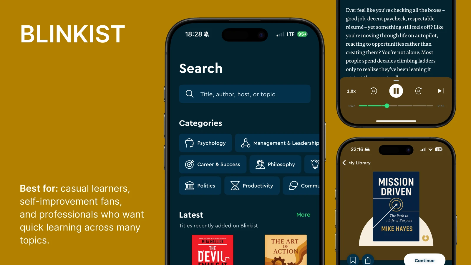 Blinkist app search interface showing book summary categories and library on mobile devices with brown background